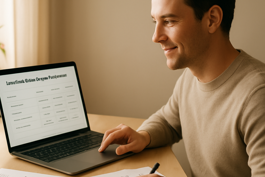A working professional compares online degree programmes, curriculum and costs at a home-office desk