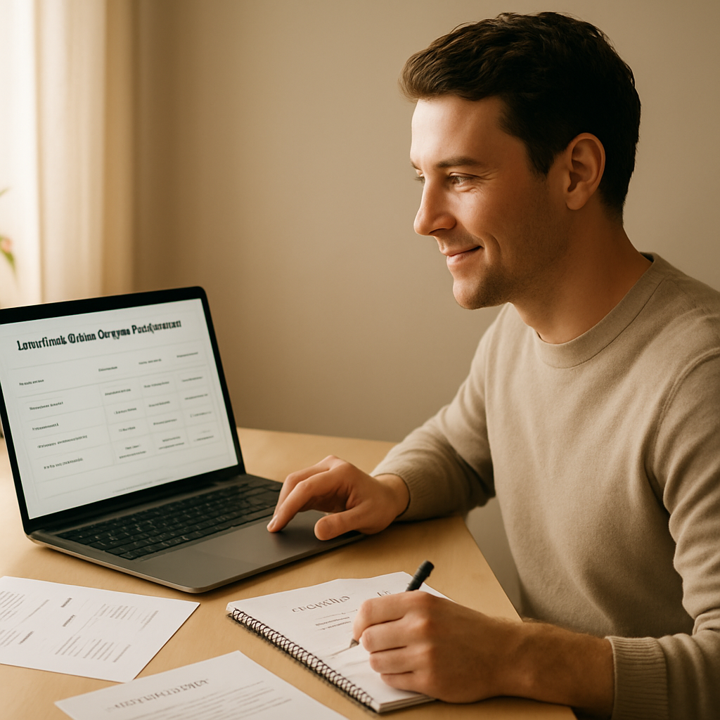A working professional compares online degree programmes, curriculum and costs at a home-office desk