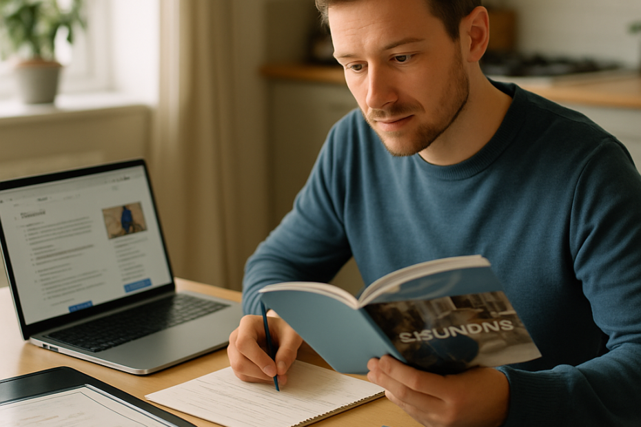 An adult learner explores university course options alongside prior-learning documents and an access-course workbook.