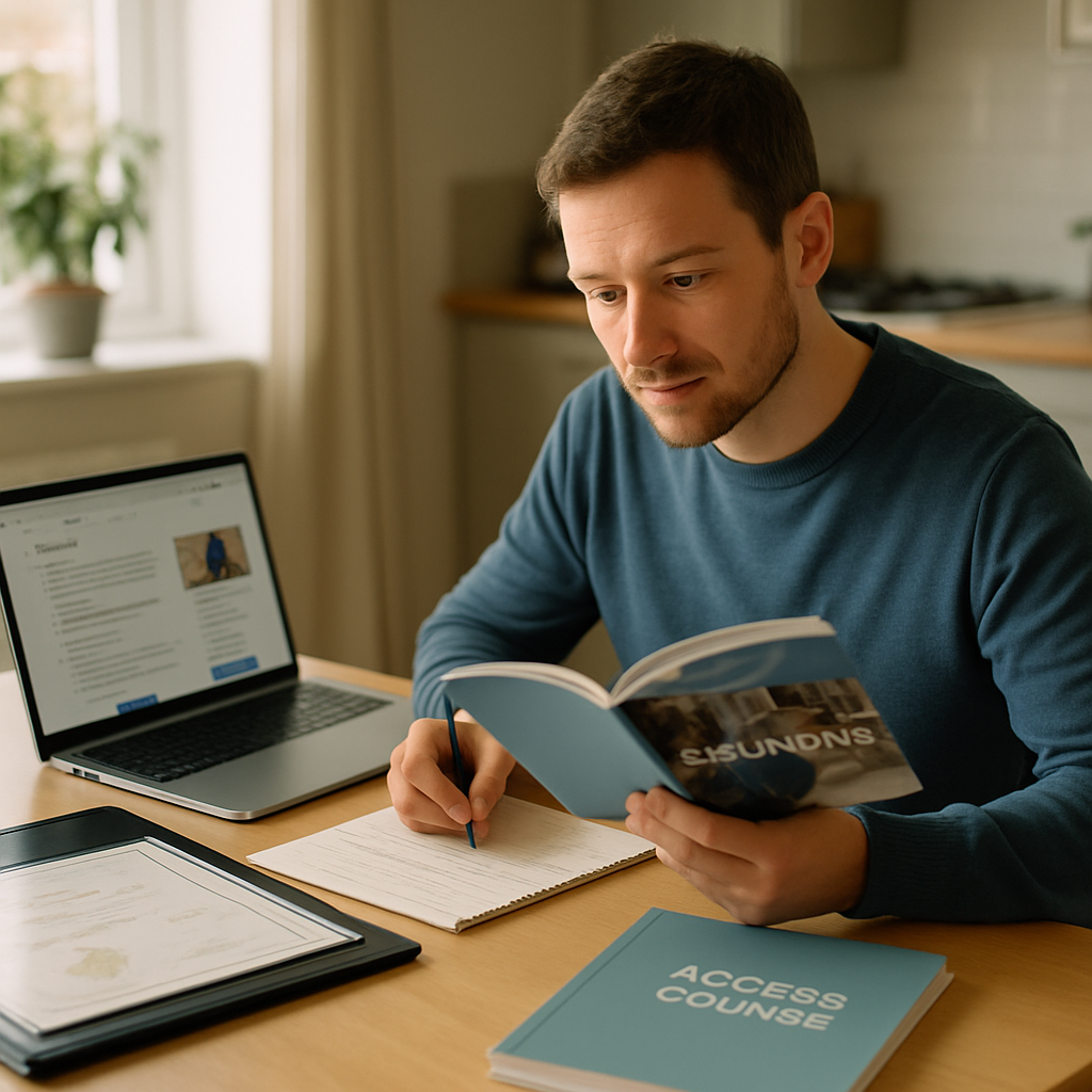An adult learner explores university course options alongside prior-learning documents and an access-course workbook.