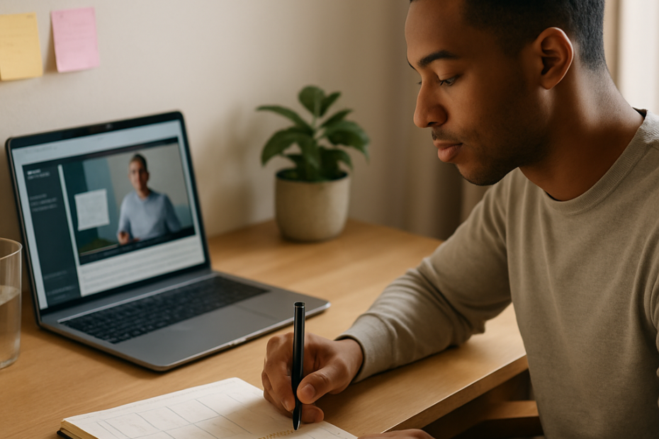 A distance-learning student calmly planning the week in a paper planner beside a laptop.