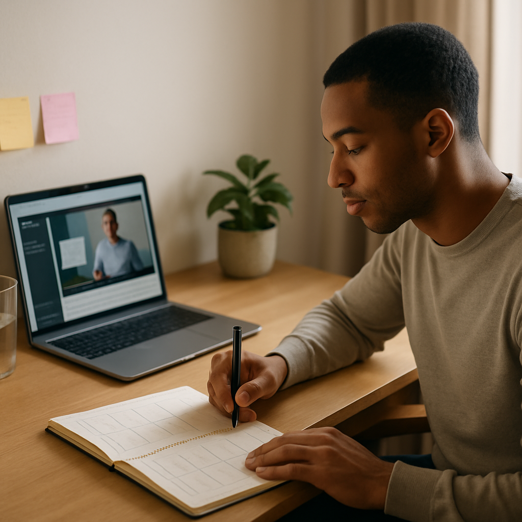A distance-learning student calmly planning the week in a paper planner beside a laptop.
