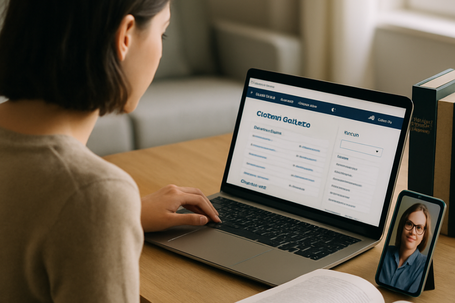 An online university student studies at home with a learning dashboard, reference books, and
