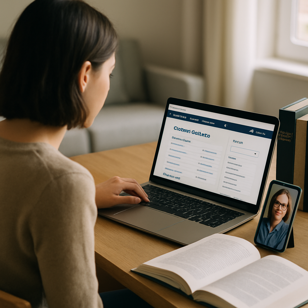 An online university student studies at home with a learning dashboard, reference books, and