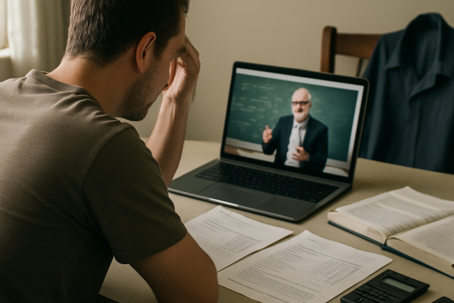 An online student weighs course materials and bills beside a laptop, highlighting costs beyond