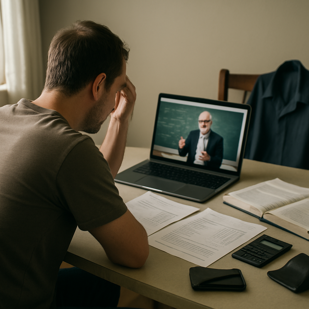 An online student weighs course materials and bills beside a laptop, highlighting costs beyond